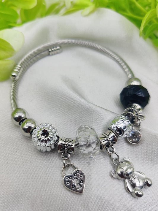 Pandora-inspired Silver Charm Bracelet – Heart & Teddy Accents