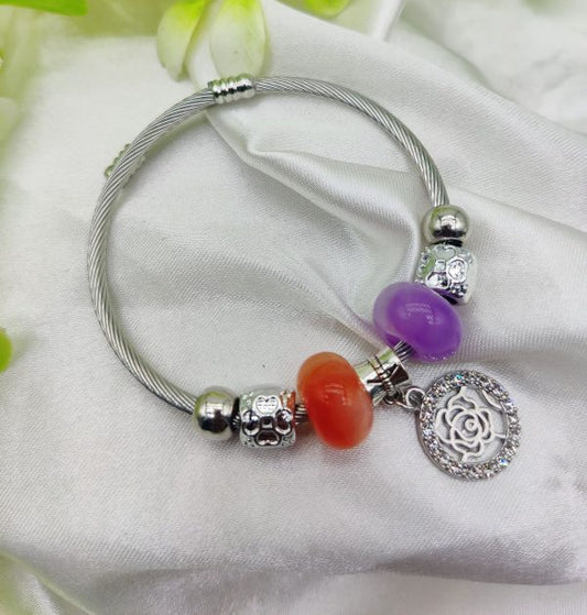 Elegant Pandora Bracelet With Rose Charm And Beaded Accents