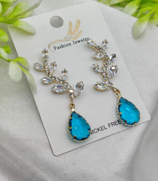 Exquisite Crystal Vine Drop Earings with Blue Gemstone ccent